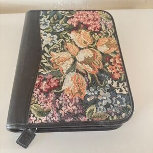 Vintage Day-Timer Floral Tapestry 7-Ring Binder Organizer Zip Planner Black 1994